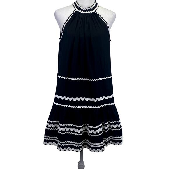 CELINA MOON Nawari Ric Rac Mini Dress Sz S Black Tiered Ruffle Halter Tuckernuck - Picture 1 of 15